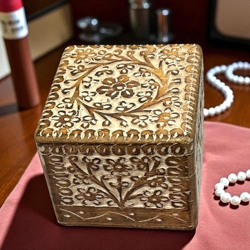 S.B.ARTS Mini caixa de joias de madeira premium, design floral, bugiganga para senhoras, estojo de armazenamento de joias, visual antigo, tradicionalmente feito à mão, acessórios de decoração de casa