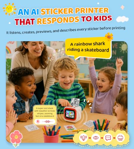 Image of AI Sticker Printer for Kids, Voice Activated Mini Printer with Preview Screen & AI Voice Response, Portable Thermal Sticker Maker with 6 Art Styles & App, Sticker Printer Box Gift for Girls Boys