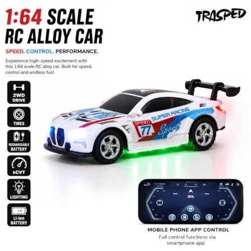 Image of Mini RC Car for Kids with App & Remote Control, 1:64 Alloy Racing Car, 2.4GHz LED Lights, 3 Speed Modes, USB Type-C Rechargeable