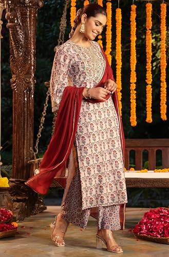 Image of Janasya Women's Georgette Yoke Zari Embroidered Ajarakh Printed Straight Kurta Set