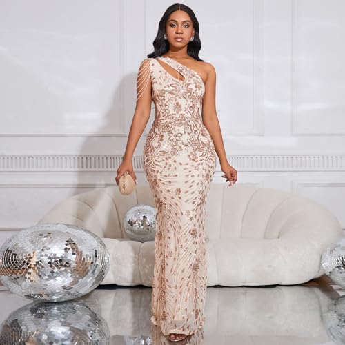 Image of Cololura Women Sequin Elegant Sexy One Shoulder Tassel Mermaid Bodycon Cocktail Evening Dress