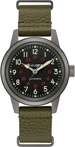Bulova Militar Heritage Hack - Reloj automático de acero inoxidable gris de 3 manecillas correa de cuero verde OTAN y esfera negra 98A255 forro