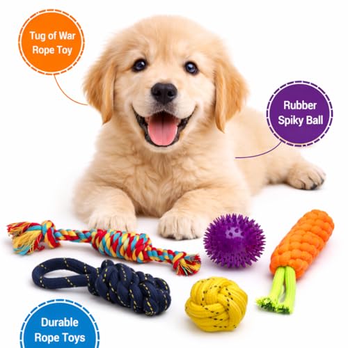 Image of Dog Rope Toy- Pack of 5 for Puppies & Small to Medium Dogs | Durable Cotton Chew | Interactive Tug Toys for Teeth Cleaning, Chewing & Play Toy