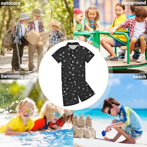 Image of Boys Short Sets Hawaiian Outfits Nigh Sky Star Line for Kids, Summer Beach Button Down Shirt and Short 2 Piece Sets with Pockets Size 5-6Y