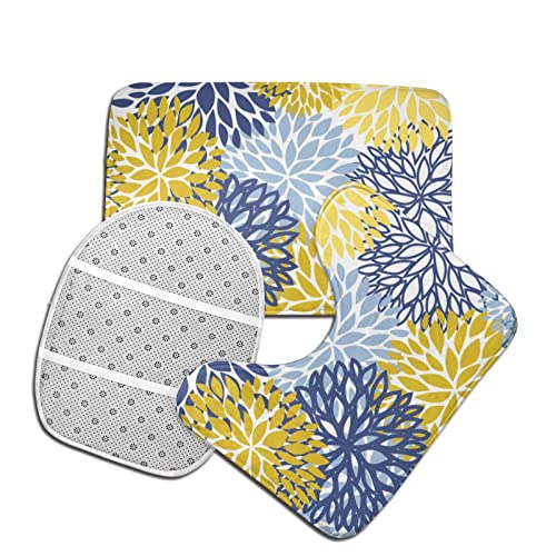 DIRYKILP Badematte + Konturmatte + Toilettendeckelbezug, Blau Gelb Blumen 3 Stück Badematte Set, mit Anti-Rutsch-Klebeboden – Bild 5