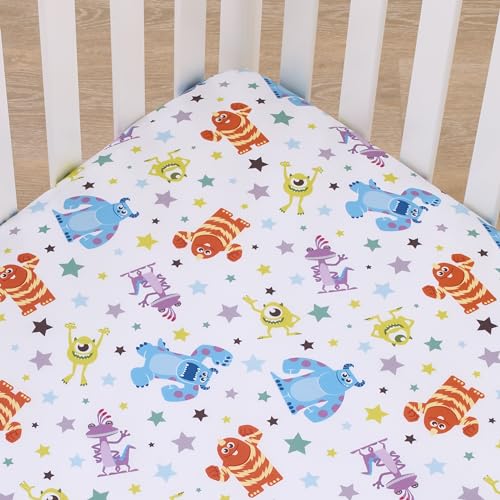 Image of Disney Monsters Inc. Blue, Green, Orange and White, Sully and Mike Super Soft Nursery Fitted Mini Crib Sheet