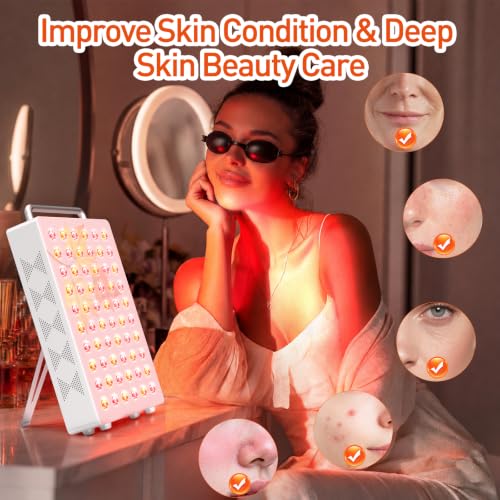Image of Red Light Therapy Panel, 5 Wavelength 60 Dual Chip LEDs 630+660+810+830+850nm Near Infrared Lamp Therapy Device Timer & Stand for Body Pain Relief Face Skin Health Sleep 100W White