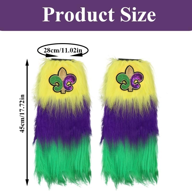 Fuzzy mardi gras Leg Warmers with Fleur De Lis, Purple Green Yellow Faux Fur Leg Covers, mardi gras Outfit for Women mardi gras Costume Accessories for Party Dress Up