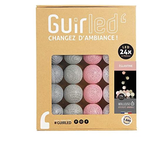 GuirLED - Guirlande lumineuse boules coton LED USB - Veilleuse bébé 2h - Adaptateur secteur double USB 2A inclus - 3 intensités - 24 boules 2.4m - Églantine