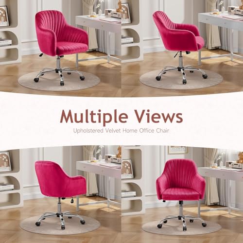 Image of AZAKEE Velvet Office Chair with Wheels & Armrests - Mid-Back Swivel Desk Chair for Home Office, Study, Bedroom & Vanity - Adjustable Height, Comfortable & Stylish (Barbie Pink)