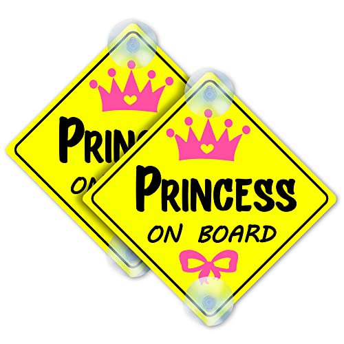 Image of 2PC Princess on Board Car Sign with Suction Cups - 5 x 5 Baby on Board Sticker for Cars - Princess on Board Sticker for Cars - Baby on Board Sign
