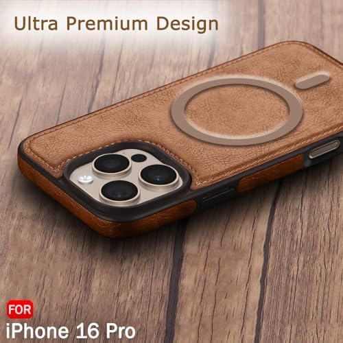 Image of TheGiftKart Genuine Leather Finish Back Cover Case for iPhone 16 Pro | Shockproof Design | Raised Edges for Camera & Screen Protection | Stunning Minimalist Design Cover (MagSafe Compatible, Brown)