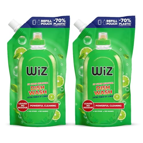 Image of Wiz Cleen Lemon Dish Wash-1L Refill (Pack of 2) | Powerful Cleaning Formual| 2x Stain Remover & Super Shine | Kills Germs | 70% Less Plastic Refill Pouch | Suitable for all type Utensils