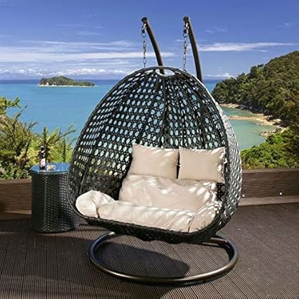 FLOOR DECOR Rattan 2 Seater Swing Chair Hammock Swing With Stand & Cushion Hammock Hanging Jhula For Indoor, Outdoor, Balcony,Home, Patio, Yard, Balcony, Garden(Swing-Black/Cushion-Beige)