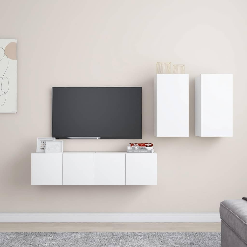 4-TLG. TV-Schrank-Set Weiß Holzwerkstoff, Hängendes Lowboard für Wohnzimmer, Modernes Media-Center mit Viel Stauraum, Einfache Wandmontage