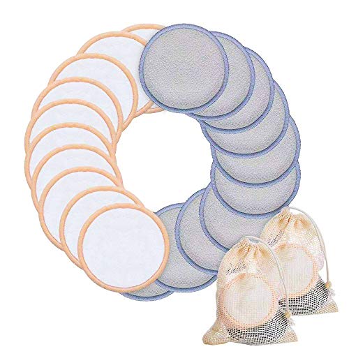 Makeup Remover Pads（20 Pack）Reusable Cotton Rounds, Bamboo Fiber Organic Eye Makeup Remover Pads for Face Wipe With 2 Laundry Bag, Two Tone Microfiber Super Soft for All Skin Types