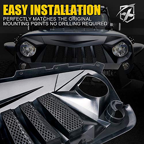 Image of Xprite Matte Black Front Grill Grid Grille w /Mesh Compatible with Jeep Wrangler Rubicon Sahara Sport JK 2007-2018