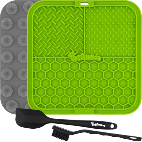 PetAmaze Lick Mat for Dogs & Cats 2-Pack with Spatula & Cleaning Brush Slow Feeder Mat for Enrichment Calming Anxiety Boredom & Training Food-Grade BPA Free with Suction Cups