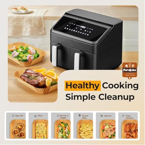 Image of Purebake Air Fryer Disposable Paper Liners | 100 Pcs Rectangle Parchment Sheets | Food-Grade, Non-Stick, Oilproof, Waterproof | Heat-Resistant up to 450F | Brush & Mittens Included