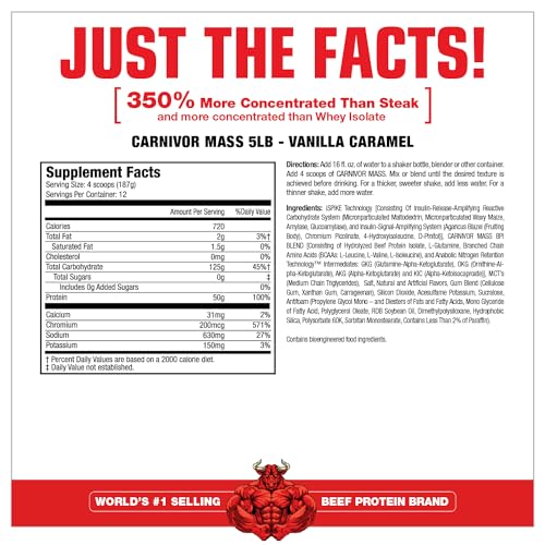 Image of MuscleMeds CARNIVOR Mass Gainer Beef Protein Isolate Shake, 50 Grams Protein, 125 Grams Carbs, 0 Fat, 0 Sugar, Lactose Free, Vanilla Caramel, 5 Pound