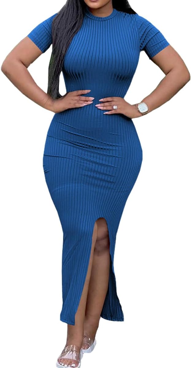 Womens Bodycon Maxi Dress Split Striped Ribbed Crewneck Short Sleeves Casual Sundress Solid Sexy Long Summer Dresses - Image 3