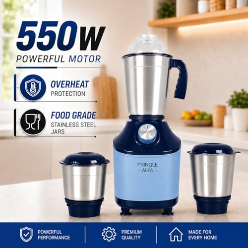 Image of Pringle Alfa 550W 3 Jar Mixer Grinder for Kitchen | 3 SS Jars (Liquidizing, Wet & Dry Grinder & Chutney) | Stainless Steel Blades | Compact & Powerful | 5 Yr Warranty | Blue