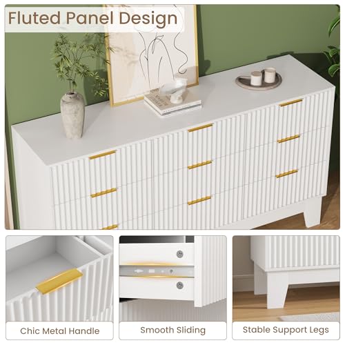 Image of Garvee 9 Drawer Dresser for Bedroom, 59 inch Wide Fluted Chest of Drawers with Metal Handle, Modern Wooden Dresser TV Stand, Clothes Storage Organizer Wood Closet for Hallway, Entryway, White