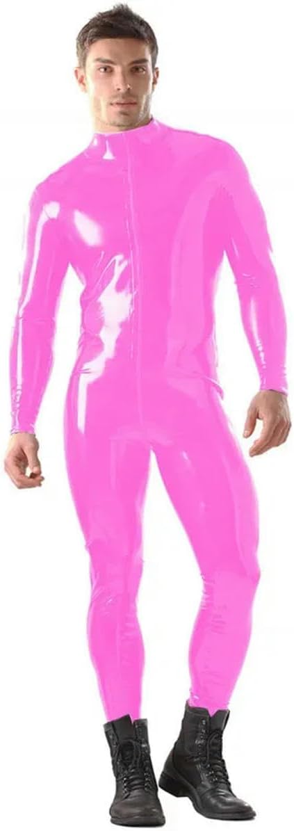 Mens PVC Faux Leather Front Zip To Crotch Jumpsuit Party Bodysuit