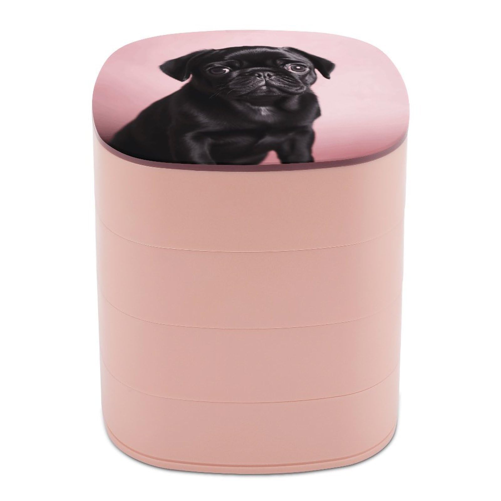 VstaDank Cute Black Pug Jewelry Box with Mirror Travel Small Jewelry Case for Women 4-Layer Rotatable Jewelry Organizer Storage Box Portable Jewelry Storage Case for Rings Earrings