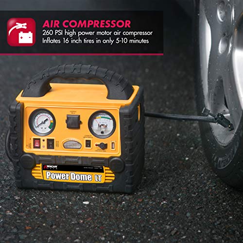 Wagan EL2464 Power Dome LT Auto 300 Peak Amp Jump Starter with 260 PSI Air Compressor, 200W Power Inverter, AC Receptacle, DC Sockets, USB Power Port, LED Worklight, Yellow