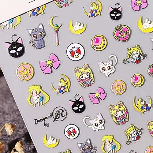 New Cartoon Anime Nail Art Sticker Decals Children Princess Anime Moon Hare Nail Art Sticker 5D Embossed(2 Sheets) + 3D Diamond Nail Art Accessories For Nail Art Decoration(4 Pcs) #TOP4