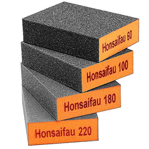 Honsaifau Sanding Blocks 4 Pack Wet and Dry Dual-use, Coarse and Fine Sanding Sponges - 60/100/180/220 Grits 4 Different Specifications, Washable and Reusable, Ideal for Wood Metal Wall Polish
