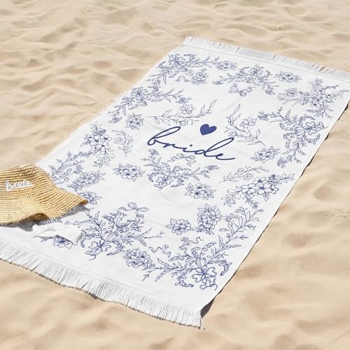 Gilprop Bride Fringe Beach Towel Blue Floral Quick Dry Sand Free Blanket Bridal Shower Gift Bridesmaid Favors Engagement Party Poolside Bride to Be Newlywed Honeymoon Supplies