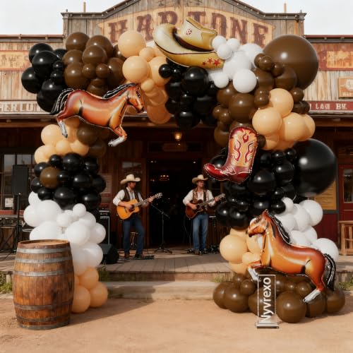 Image of Western Cowboy Balloon Garland Arch Kit, 150Pcs Black Brown White Balloons | Cowboy Boot Hat Horse Foil Balloons, Western Cowboy Birthday Party Decorations, Farm Wild West Baby Shower Decorations
