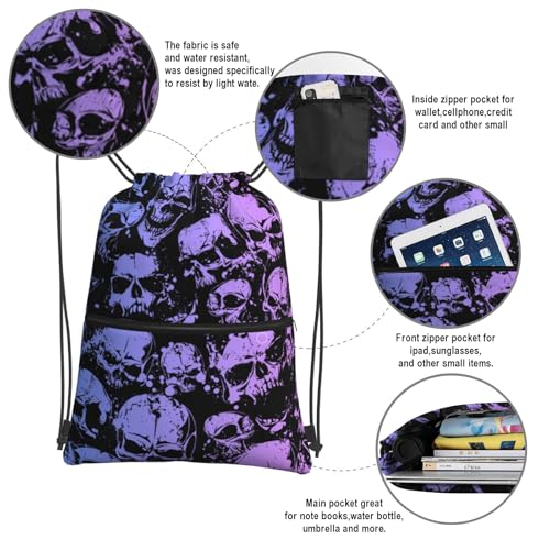 Image of Gothic Skull Drawstring Bag, Halloween Goth Gradient Skeleton Drawstring Backpack, Light Large Capacity Durable Sackpack String Bag, Waterproof Cinch Sackpack for Sport Gym Beach Shopping Yoga