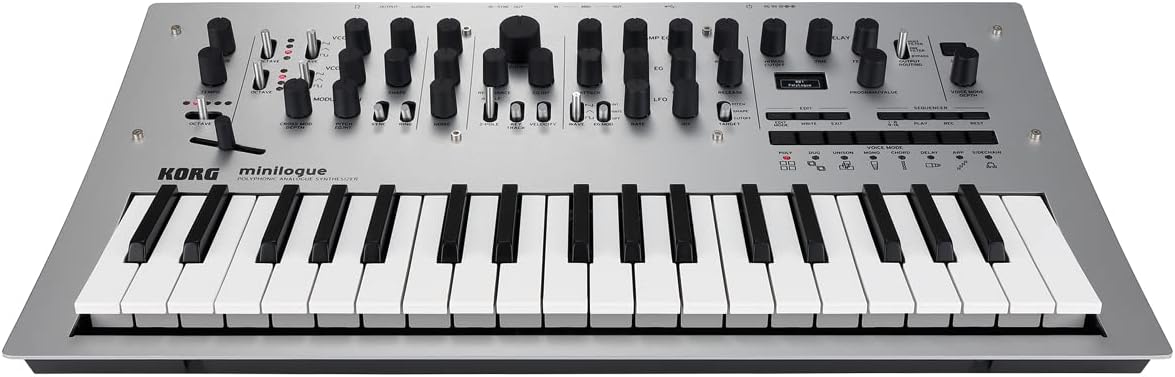 Rear panel of the Korg Minilogue showing power, audio, and MIDI connections.