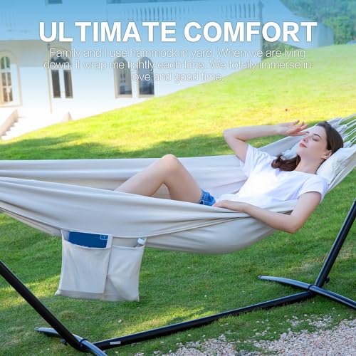 Image of PNAEUT Double Hammocks with Stand for Outside, Portable Space Saving Heavy-Duty Steel Stand for Indoor Outdoor Patio with Carrying Bag, 450 lbs Capacity (Beige)