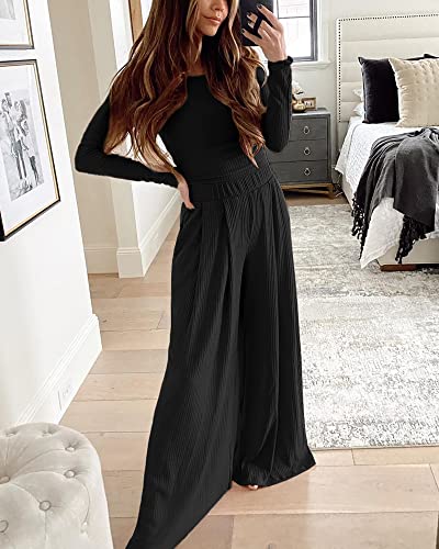Image of BTFBM Women's Two Piece Lounge Set Long Sleeve Bodycon Ribbed Knit Crop Top Loose Wide Leg Pant Casual Outfits Sweatsuit