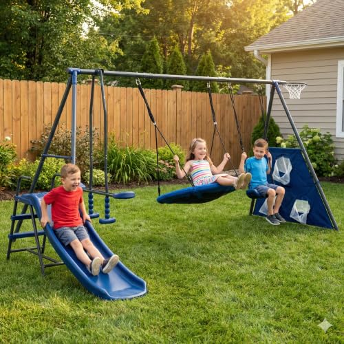 6 in 1 Outdoor Kids Swing Sets for Backyard, Outside Play Set with Slide & 3 Swings, Heavy Duty Play & Swing Sets for Outdoor Playground, 440lbs Capacity (Blue)