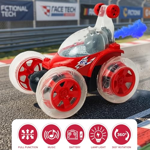 Image of NHR Launch RC Stunt Car for Kids, 360 Rotating Remote Control Car with Smoke Spray, Music & Lights, High-Speed Rechargeable Toy Vehicle Gift for Boys & Girls (2+ Years, Red)