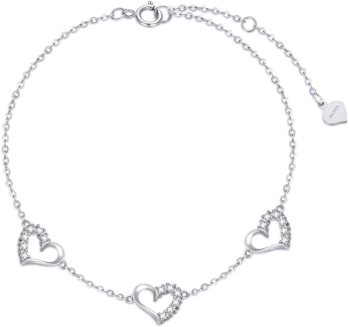 SISGEM 10k White Gold Heart Anklet for Women, Cubic Zirconia Love Ankle Bracelet Jewelry for Wife/Mother/Sister, Birthday Gifts for Her, 9.4"-11"