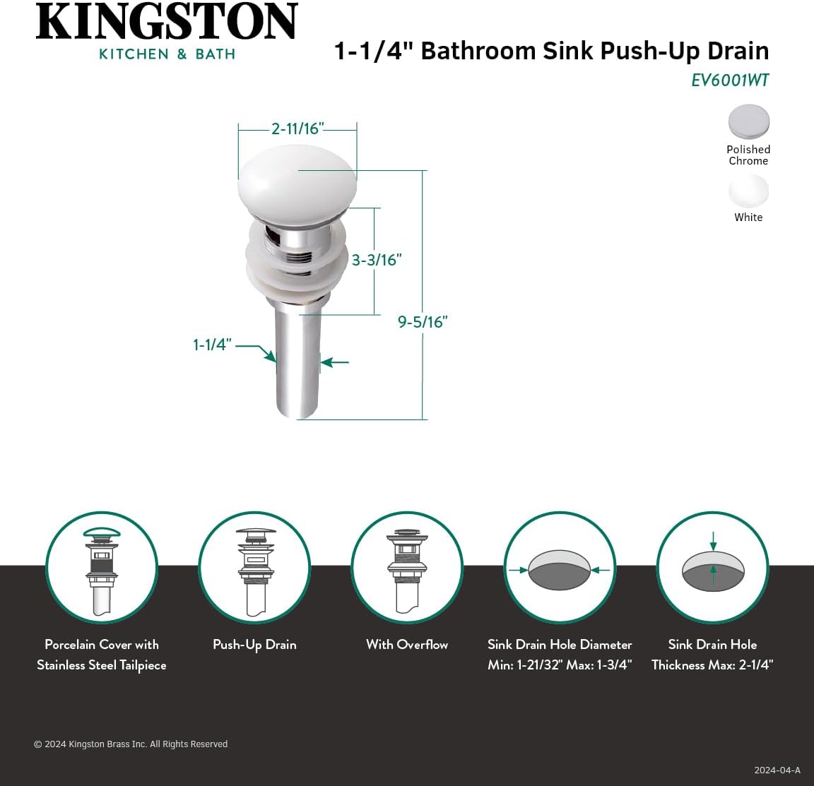 Kingston Brass EV6001WT Push Pop-Up Drain with Overflow, 22 Gauge, Polished Chrome/White