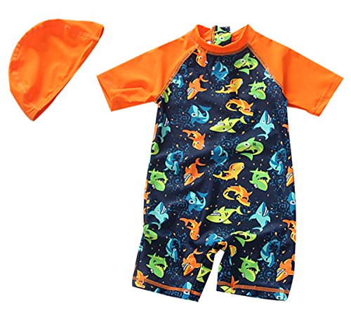 Sun Protective Baby Boys Swimsuit Toddlers One Piece Swimwear with Hat Shark Rash Guard Surfing Suit UPF 50+ Orange 4-5T