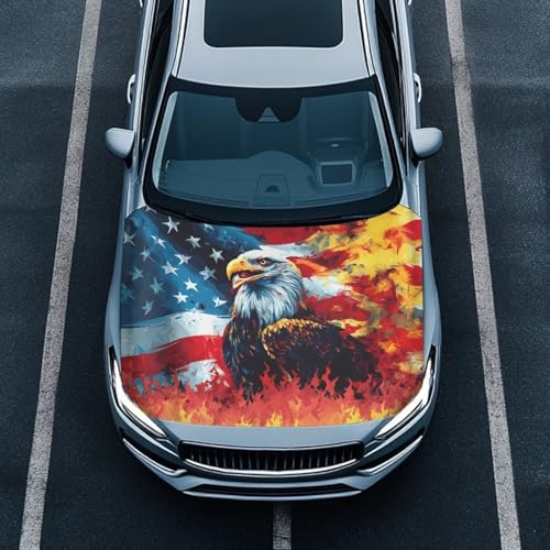 Image of USA Flag Eagle Flame Car Hood Cover for Compact Car SUV Truck Minivan, 59x39 Inch Stretchable Patriotic Decorations Waterproof Automotive Exterior Accessories