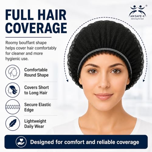 Image of AM Safe-X Disposable Blue Non-Woven Hair Net for Women & Men 50 Pcs | Elastic Bouffant Cap | Lightweight, Breathable & Dust-Proof Hair Cover | Ideal for Food Processing, Hospitals, Salons, Spa|Black