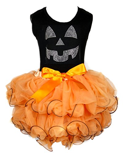 Vestido de Halloween infantil con camiseta de calabaza negra y falda de pétalos naranja para niñas