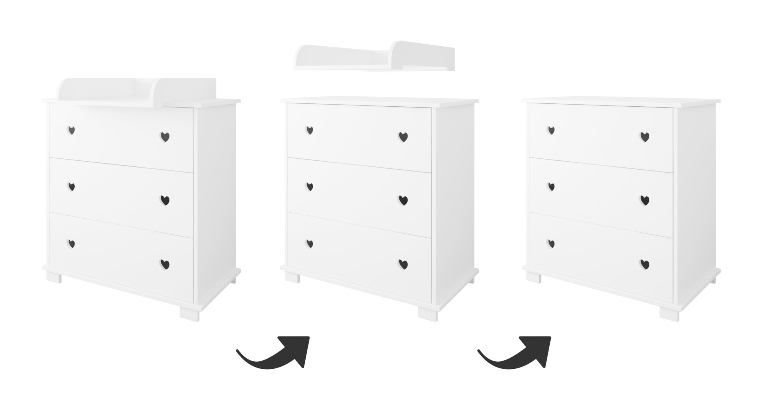 zee Set Cameretta Neonato Bianca Blu Lettino 120x60 2in1 Bella Con Cassetto e Sponda di Sicurezza + Cassettiera Fasciatoio CUORI Con Fasciatoio 3 Cassetti
