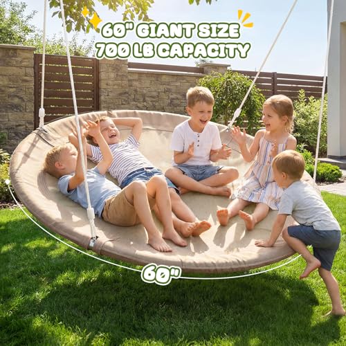 Image of Trekassy 60 inch Large Saucer Tree Swing for Kids Adults 900D Oxford Waterproof with 2pcs Hanging Straps, Taupe