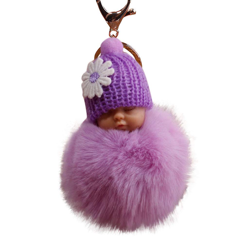 DZT1968DZT1968 Cute Fur Fluffy Pompom Sleeping Baby Doll Key Chains Keyrings Bag Car Key Ring Handbag Tote Charm Pendant