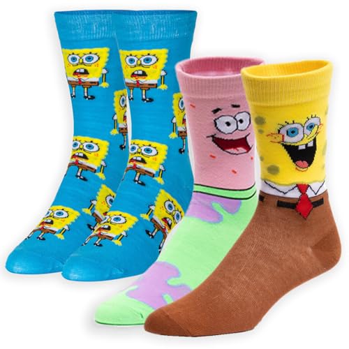 Crazy Socks Spongebob Value Pack - 2-Pack Novelty Crew Socks Gift SetLarge Sizes for Men Women & Kids - Colorful Patrick and Sponegebob Soft & Comfortable Perfect Present Fans & Collectors
